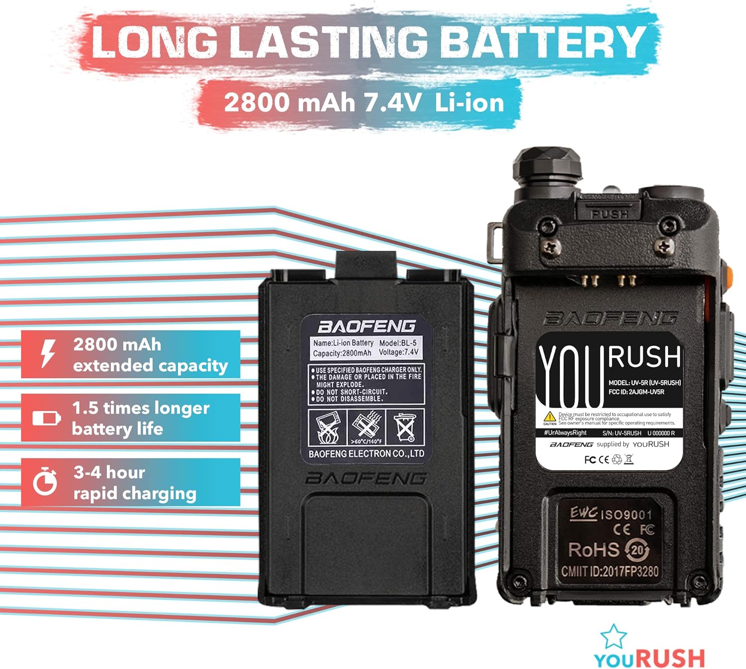 BAOFENG UV-5R 8W Two Way Radio - youRUSH UV-5RUSH Dual Band Radio with Extended BL-5 2800mAh Battery and USB Programming Cable Plus Lanyard - Chirp Support - Portable Ham Radio - Walkie Talkie: Car Electronics