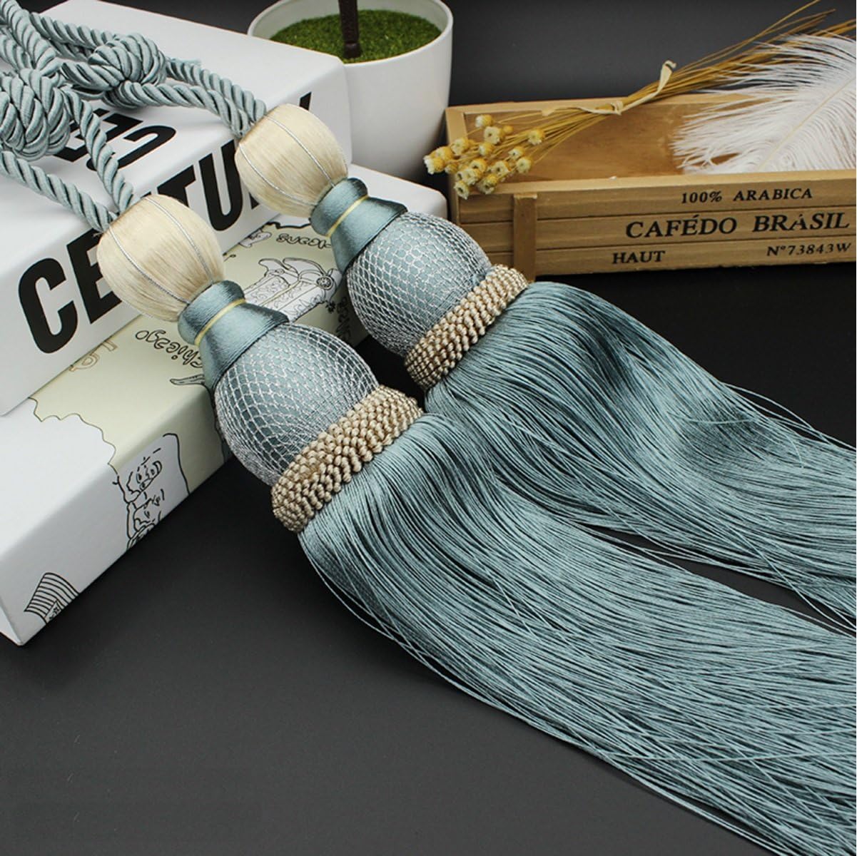 Bbstep Curtain Holdback Braided Buckle Fastener Accessories Home Decorative Window Drapery Ball Tassels Tieback, Set of 2, Light Blue