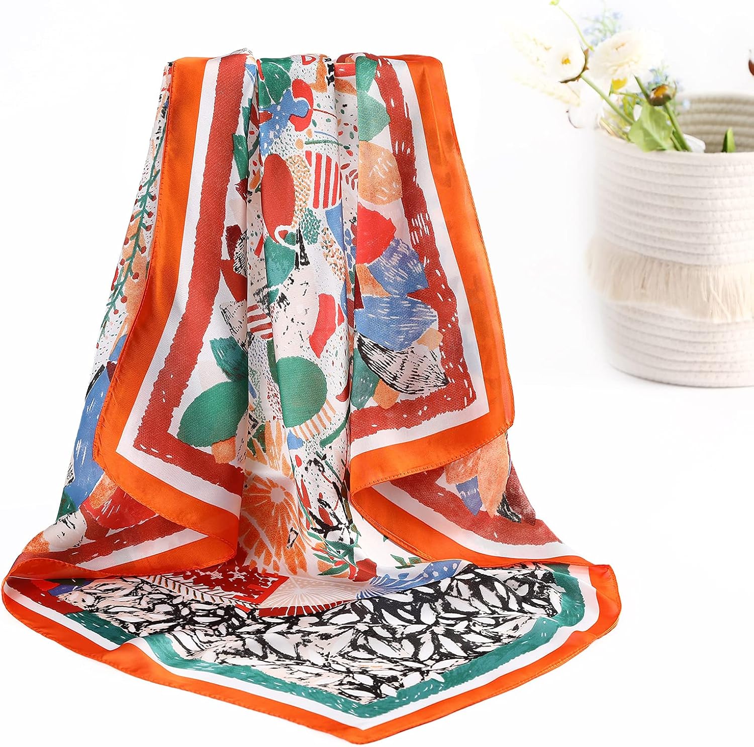 27.5” Silk Satin Square Head Scarf - 4PCS Satin Head Scarves for Women Hair Bandanas Sleeping Head Wraps Neck Scarf Head Kerchief (Flowering Leaves (Beige/Orange/Navy/Red)) at  Women’s Clothing store
