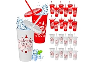 Cinrobiye 24 PCS Christmas Party Favors Xmas Plastic Cups with Lid Straw 24 oz Reusable Plastic Drink Cups Bulk Water Bottle Coffee Mug for Winter Holiday Party Supplies Classroom Gifts
