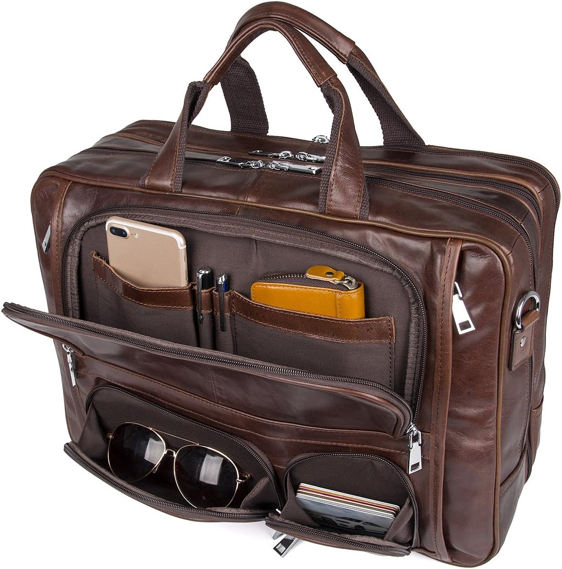 Augus Business Travel Briefcase Genuine Leather Duffel Bags for Men Laptop Bag fits 15.6 inches Laptop
