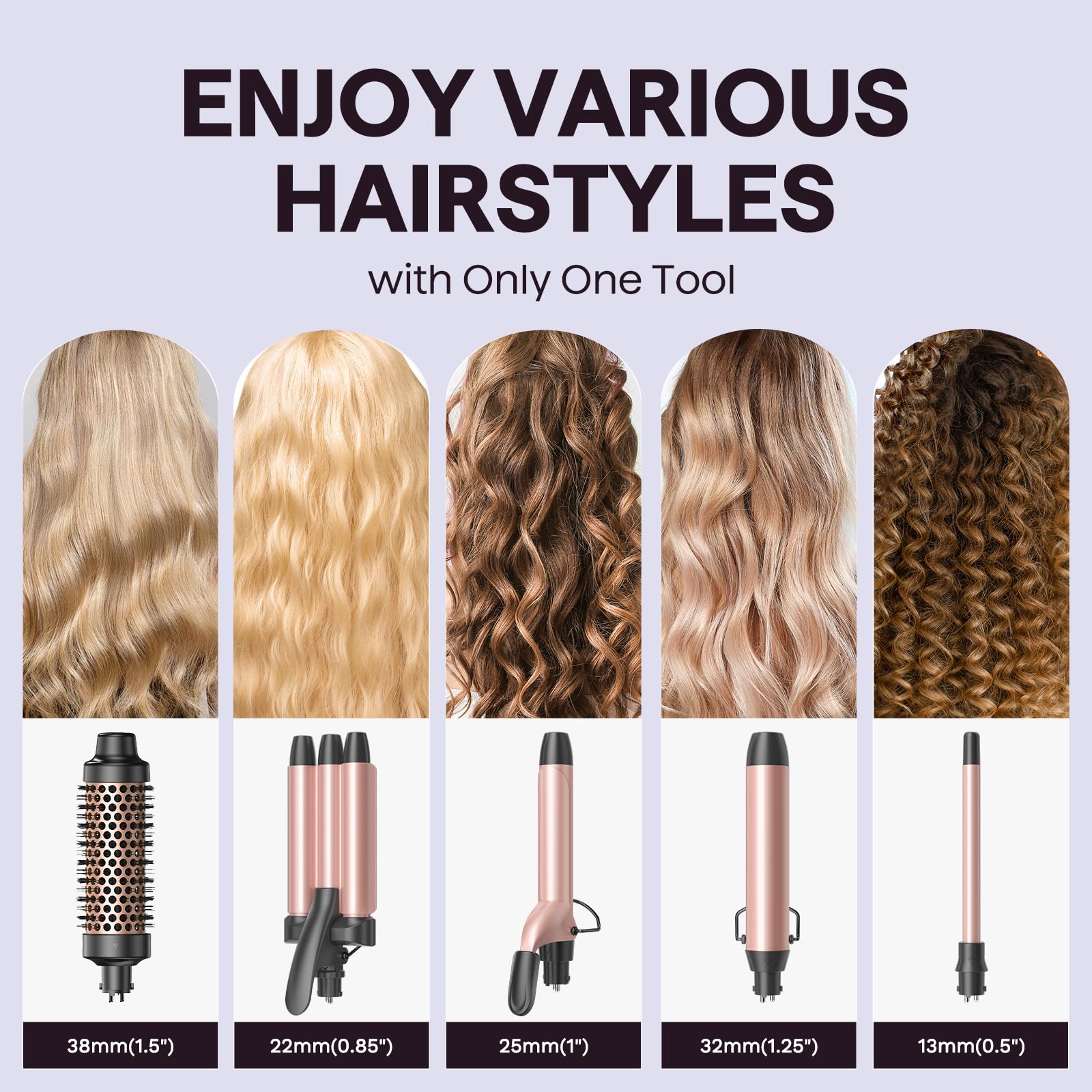 Wavytalk 5 in 1 Curling Wand Set, Dual Voltage Curling Iron Set with 5 Interchangeable Barrels Included A Thermal Brush, A Hair Crimper and 3 Ceramic Curling Wands(0.5