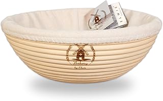 ELWIE® Gärkörbchen rund für 1kg Brot aus Rattan, Gärkorb geflochten, Banneton +ideal als Brot-Korb, Präsentkorb, Obstkorb, Brotform +Leinen in WEIß +Flyer + Rezept