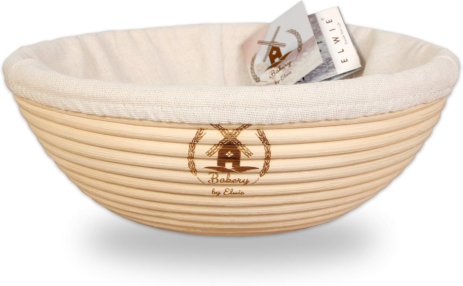 ELWIE® Gärkörbchen rund für 1kg Brot aus Rattan, Gärkorb geflochten, Banneton +ideal als Brot-Korb, Präsentkorb, Obstkorb, Brotform +Leinen in WEIß +Flyer + Rezept