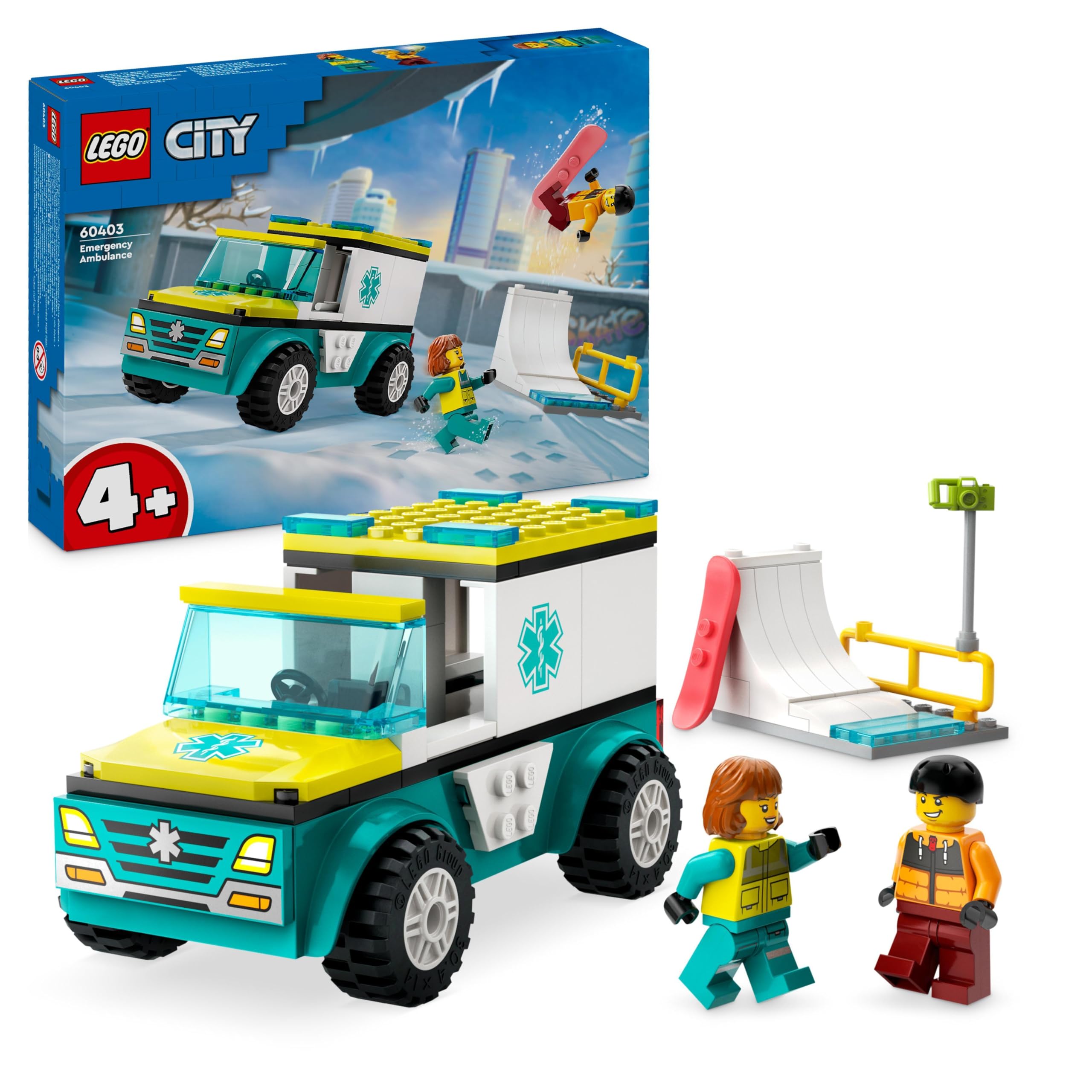 LEGO City Emergency Ambulance and Snowboarder Vehicle Toys for 4 Plus Year Old Kids, Boys & Girls with Boarder and Paramedic Minifigures, Building Toy for Imaginative Play, Gift Idea 60403