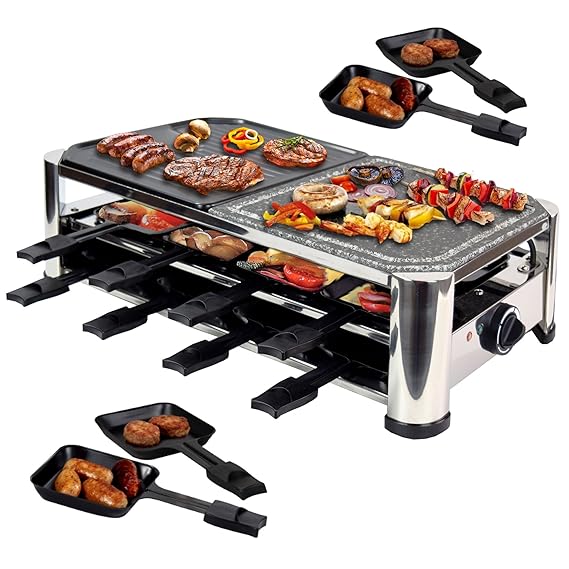 Syntrox Germany 16 Pfännchen Edelstahl Design Raclette mit Grill und Heißer Stein