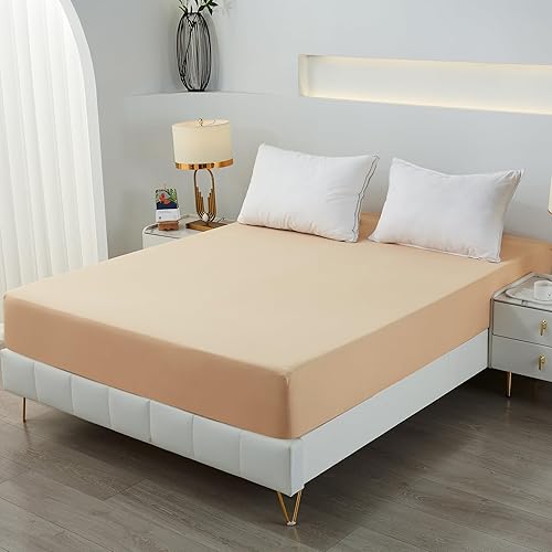 Tateufeu Bedding Twin Fitted Sheet,Deep Pocket,Soft Microfiber,Shrinkage and Fade Resistant,Easy Care,1 Fitted Sheet Only,Beige