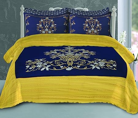 Fecom Cotton Rajasthani Jaipuri Traditional Sanganeri Design Double Bedsheet with Pillow Covers (King Size, Yellow)