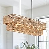 InterMaka 6-Light Boho Rattan Chandeliers for Dining Room, 2 Layer Large Linear Chandelier Rattan Pendant Light Fixture Farmh