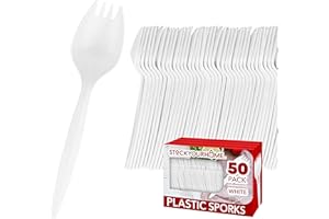 Disposable Sporks (50 Pack) White Plastic Sporks - BPA Free Kid Safe 2 in 1 Utensils - Heavy Weight Fork Spoon for School Lun