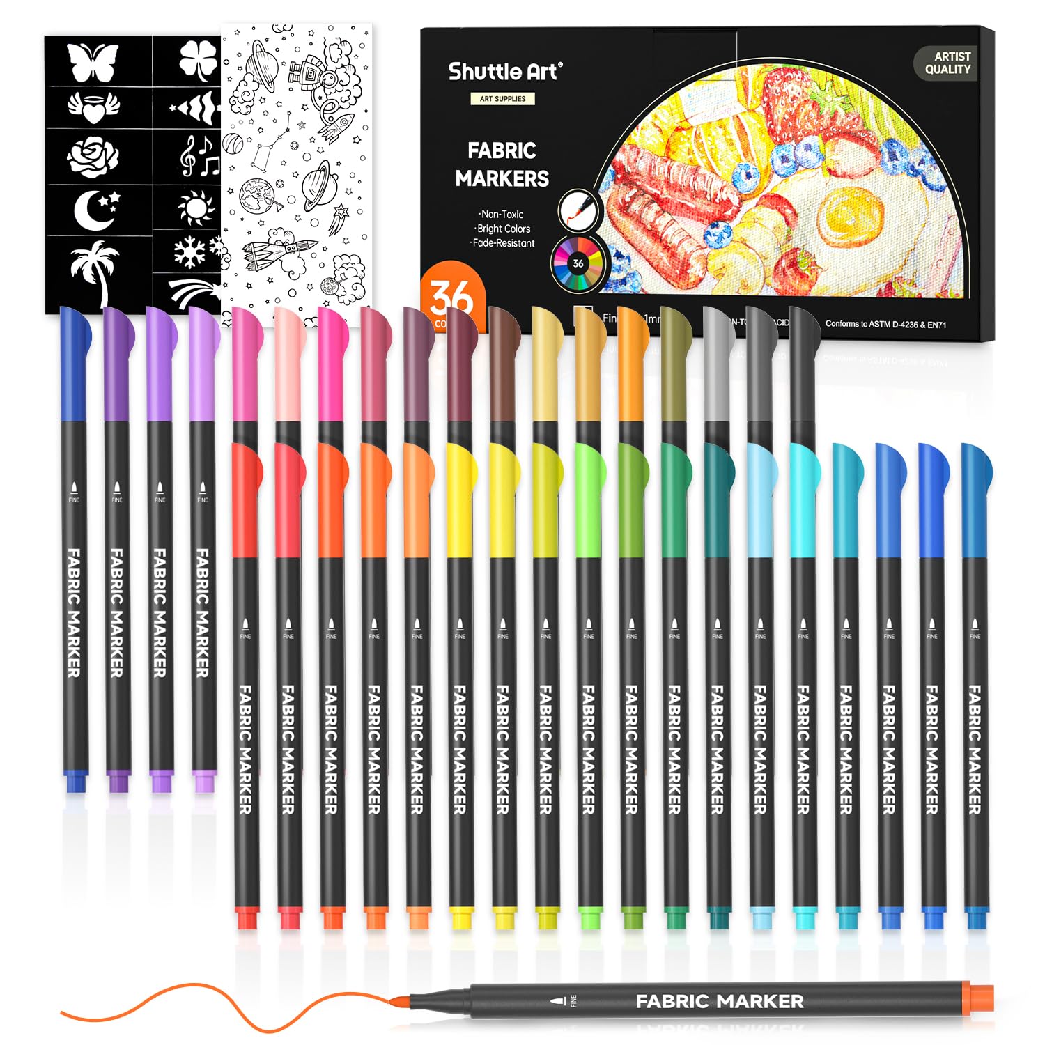 Shuttle Art 36 Colors Fabric Markers, Permanent Shirt Markers for Clothes Sneakers Jeans with 11 Stencils 1 Fabric Sheet, Fabric Pens for Kids Adult Painting Writing