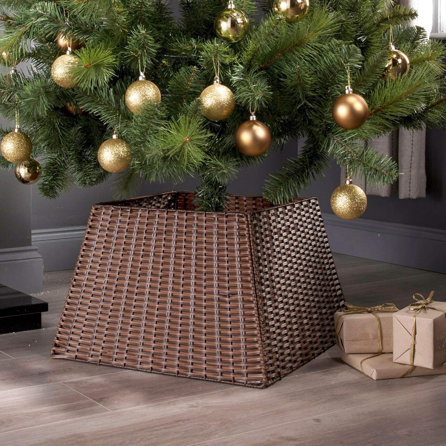 Tree Stands - SUNNYPARK Christmas Tree Collar, Handmade Artificial Rattan Wicker Christmas Stand Tree Collar Basket Base Cover for Holiday Decoration-Square Brown
