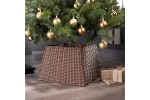 SUNNYPARK Christmas Tree Collar, Handmade Artificial Rattan Wicker Christmas Stand Tree Collar Basket Base Cover for Holiday Decoration-Square Brown