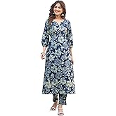 Janasya Indian Women's Cotton Indigo Floral Print Casual Wear Kurta Set for Women