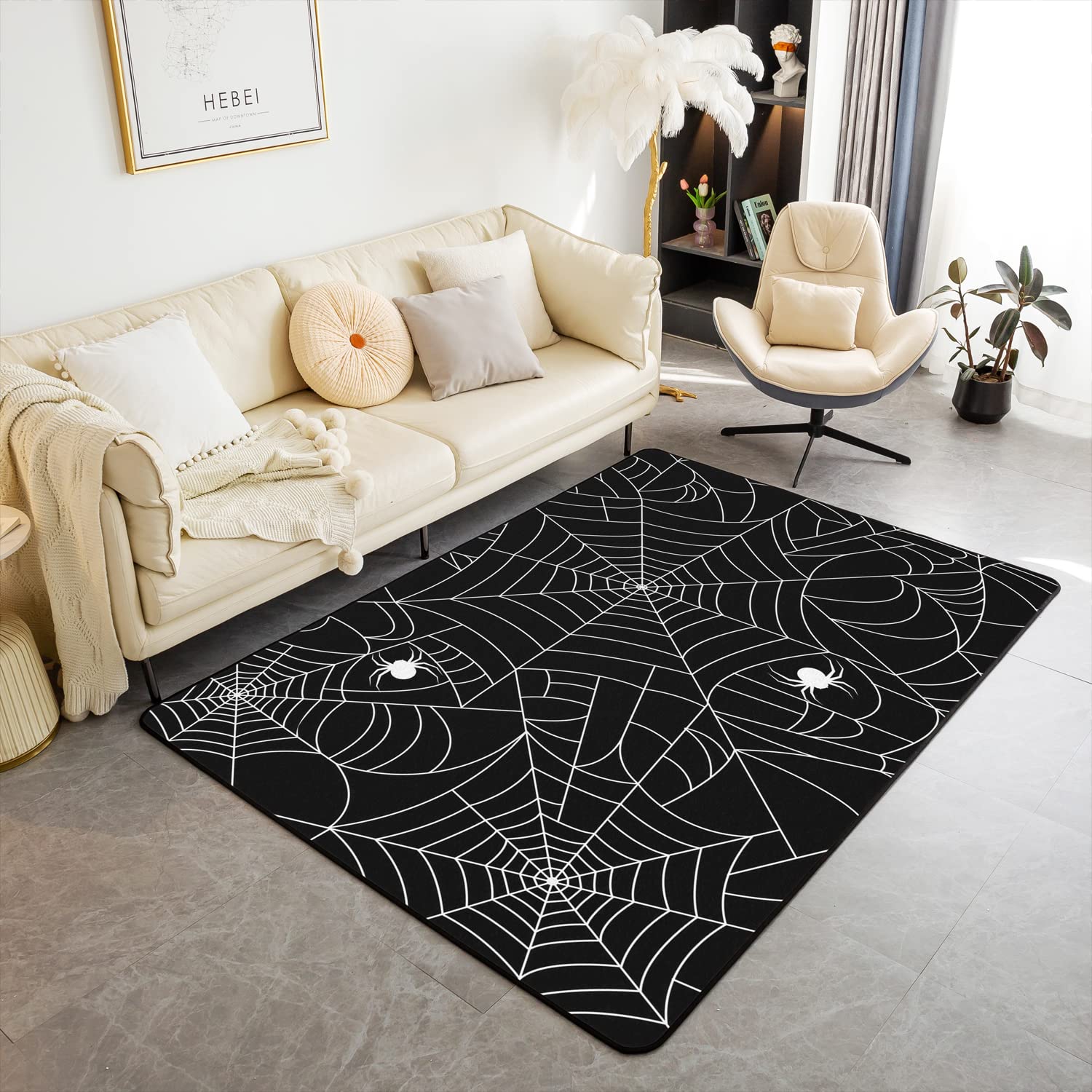 Loussiesd Spider Wed Rugs for Living Room Bedroom Kids Halloween Spider Rugs for Living Room Bedroom Soft Carpet Black White Home Decor Kids Adults Room Rug Floor Area Rug Mats 150 * 200cm