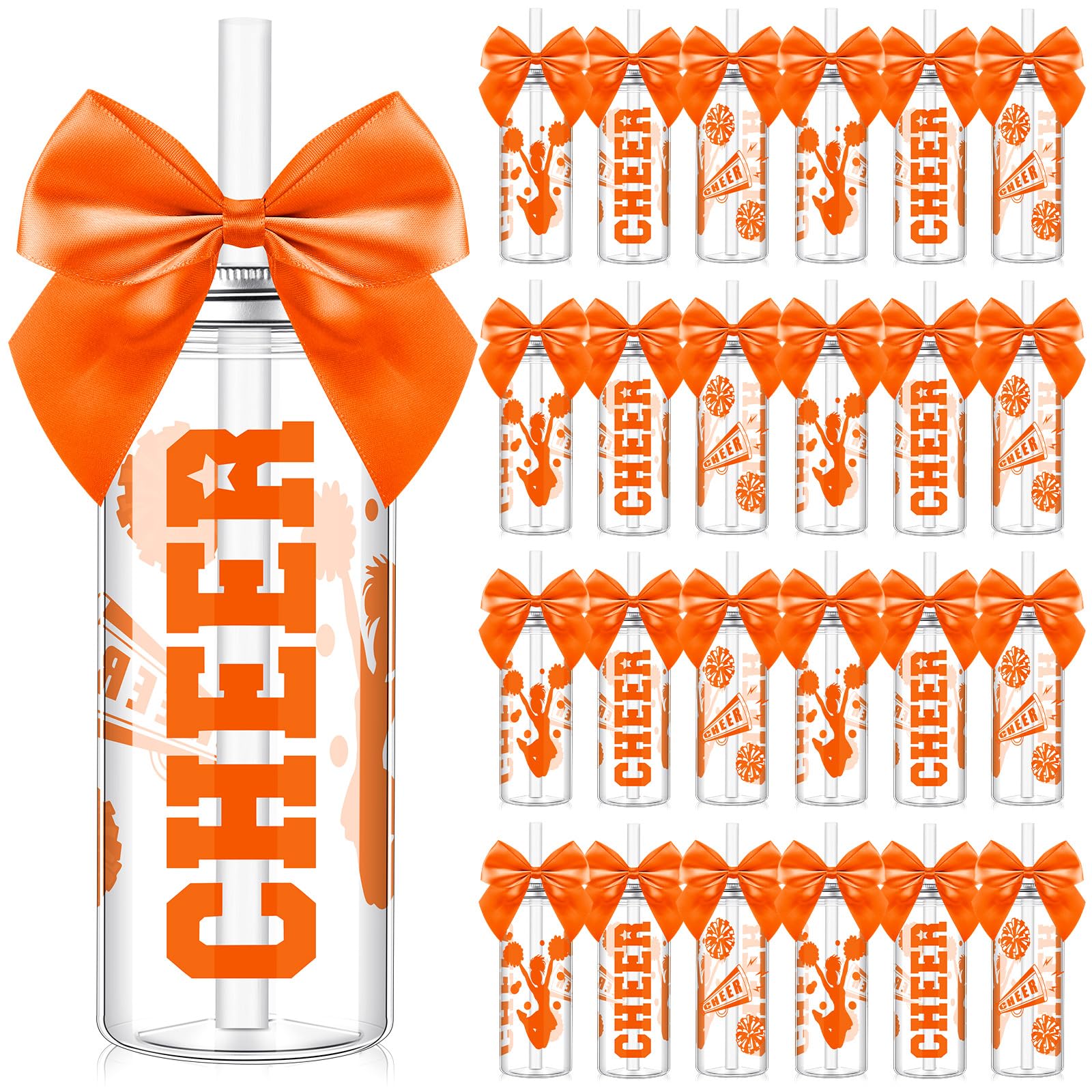 Photo 1 of Teenyyou Cheerleader Gift Bulk for Team Cheer Cups 14 oz Bow Water Bottle Plastic Cheer Tumblers with Lid and Straw for Cheerleader Sport Party Favor Gift(Orange,24 Pcs)