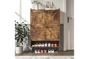 Shoe Cabinet Storage with 2 Flip Drawer, Shoe Organizer for Entryway Slim, Farmhouse Shoe Organizer with Wood Legs, Hidden Na