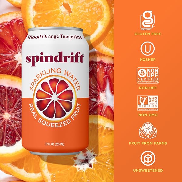 SPINDRIFT SPARKLING WATER, BLOOD ORANGE TANGERINE FLAVORED, MADE WITH REAL SQUEEZED FRUIT, 12 FL OZ CANS, PACK OF 24 (ONLY 12 CALORIES PER CAN)