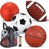 Lenwen 4 Pcs Sports Balls Set for Teen Adult, Include Official Size Basketball Soccer Football Playground Ball Pump Equipment Bag Ball Gifts Back to School