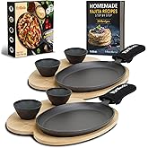 Tortillada – 10 Inch Cast Iron Fajita Pan/Grill Pan Set for Fajitas – incl. Wooden Serving Tray + 2 Ceramic dip Bowls (Set of