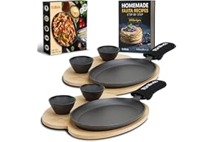 Tortillada – 10 Inch Cast Iron Fajita Pan/Grill Pan Set for Fajitas – incl. Wooden Serving Tray + 2 Ceramic dip Bowls (Set of