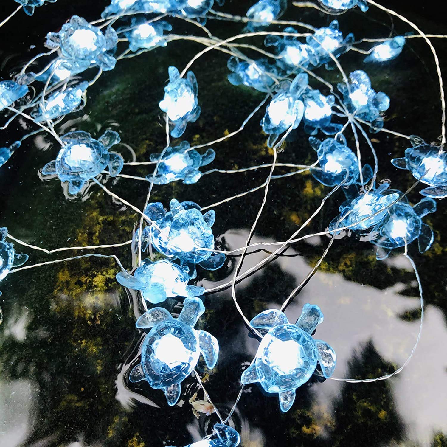YOLIGHT Beach Theme Sea Turtle String Lights 13.1ft 40 LEDs Battery Powered Multi-Function Remote Control for House Party Bathroom Baby Shower Decor (Light Blue Tortoise, Battery)