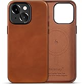 Belemay Compatible with iPhone 15 Leather Case, Compatible with MagSafe, Premium Full-Grain Vegetable-Tanned Leather [Luxury & Classy] Rich Patina, Secure Grip, Metal Buttons Cover (6.1") Saddle Brown