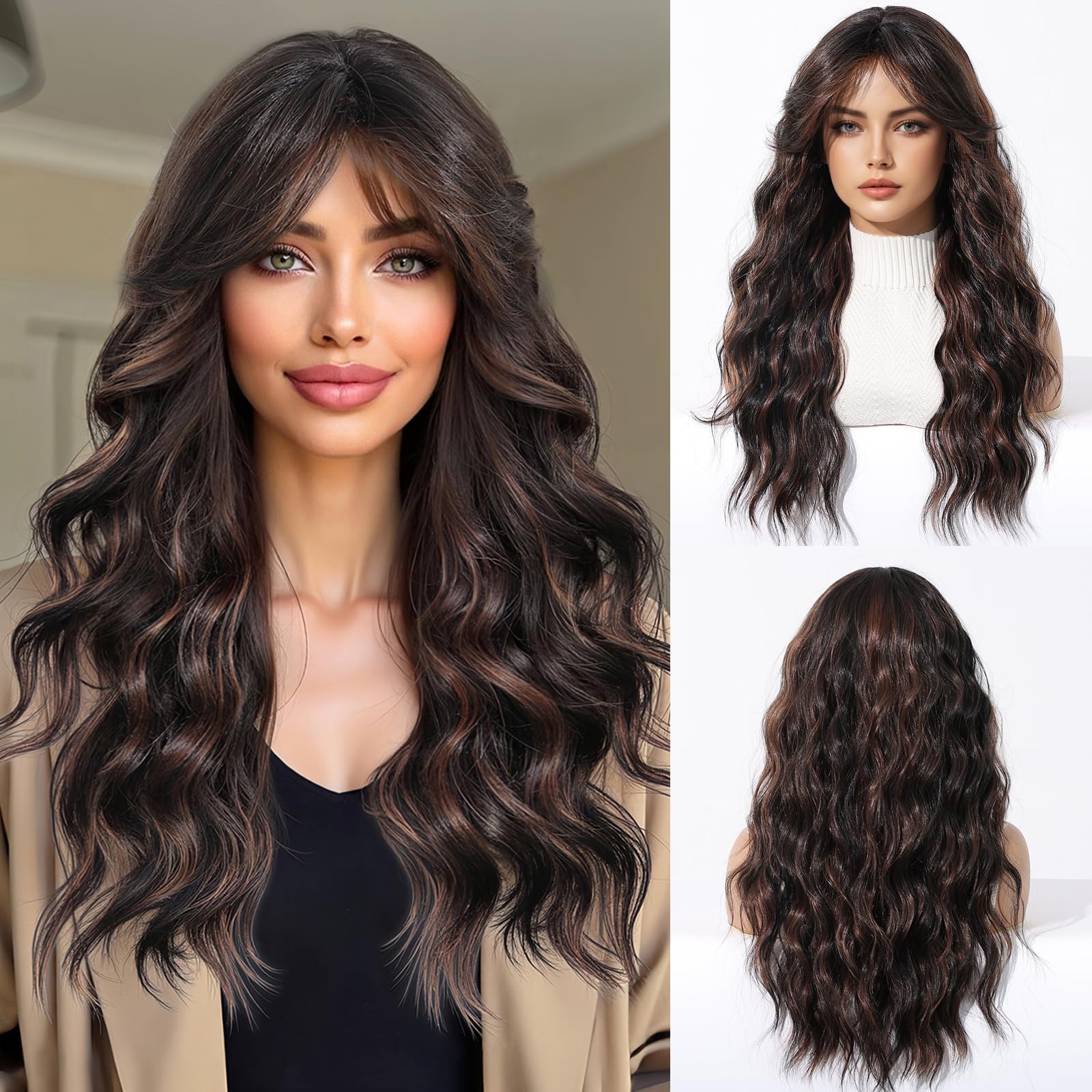 OUFEI Black Brown Highlights Long Wavy Wig for Women with Curtain Bangs Natural Curly Synthetic Hair Heat Resistant Wigs for Daily Party Cosplay Wear — image 1