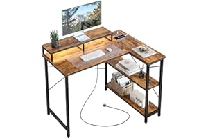 CubiCubi 42 Inch L Shaped LED Gaming Desk with Storage Shelves and Power Outlets Home Office Computer Desk Study Writing Tabl