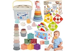 Montessori Toys for Babies 6-12-18 Months 6 in 1 Infant Sensory Baby Toy | Stacking Cups Shape Sorter Box Suction Spinner Building Blocks Stacking Ring Tissue Box Toddler 1 2 3 Year Old Birthday Gift