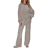 SENSERISE Womens Striped Lounge Set 2 Piece Outfits Fall Matching Pajama Sets Long Sleeve Striped Shirt Wide Leg Pants