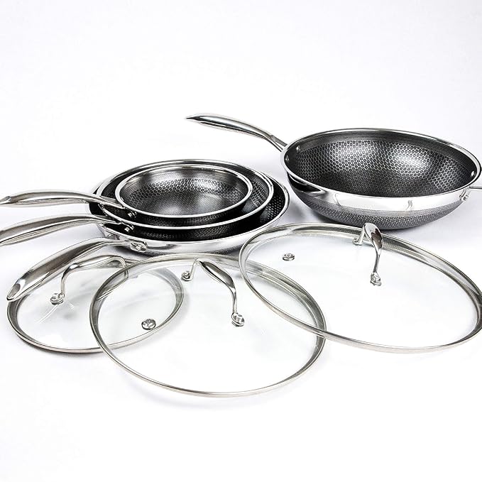Hexclad Hybrid Nonstick Commercial Cookware 7 Piece Set with Lids and Wok, Metal Utensil Safe