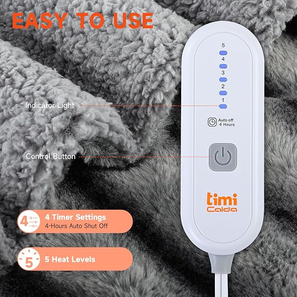TIMICALDA HEATED BLANKET ELECTRIC THROW- 50″X60″ SOFT THICK FAUX FUR ELECTRIC BLANKET FOR SOFA WITH 5 HEAT LEVELS & 4 HOURS AUTO-OFF OVERHEAT PROTECTION, WARM COZY GIFTS, GREY