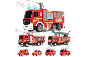 cute stone 7 Pack Fire Trucks with Water Spraying Function, Fireman Toy Firetrucks with Sound and Light, Pull Back Cars, Fric