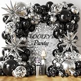 137Pcs Black and Silver Balloons Garland Arch Kit with Stars | 5 10 12 18 inch Black Silver Confetti Latex Party Balloons for Graduation Retirement Birthday Anniversary Star Wars Balloons