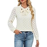 Blooming Jelly Womens Lace Long Sleeve Tops Tie Front Lined Dressy Blouse Fall Fashion Trendy Elegant Business Casual Outfit