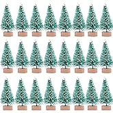 24 Pieces Artificial Mini Christmas Sisal Snow Frost Trees with Wood Base Bottle Brush Trees Plastic Winter Snow Ornaments Tabletop Trees for Christmas Party Home Decoration (Green)
