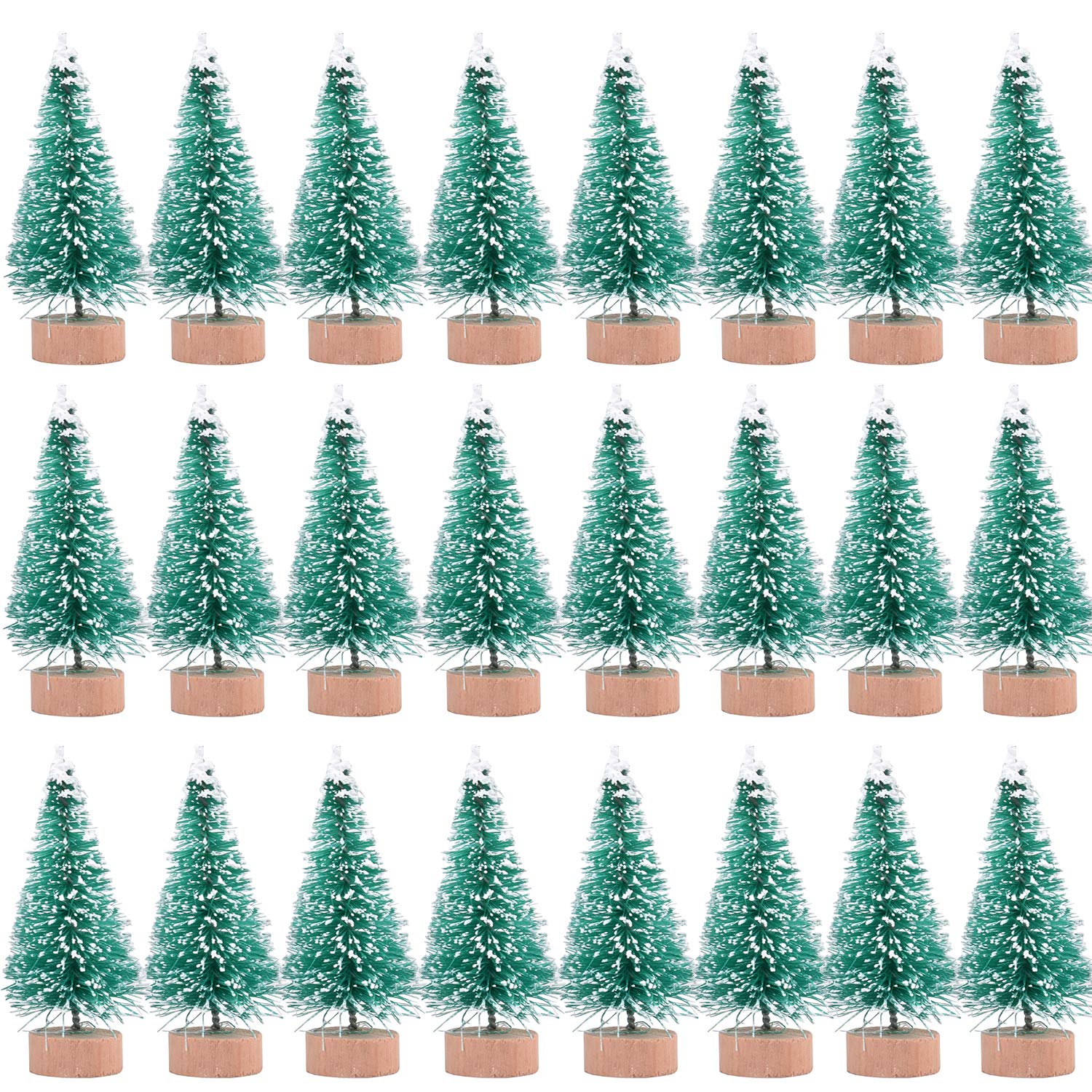 Photo 1 of 24 Pieces Artificial Mini Christmas Sisal Snow Frost Trees with Wood Base Bottle Brush Trees Plastic Winter Snow Ornaments Tabletop Trees for Christmas Party Home Decoration (Green)