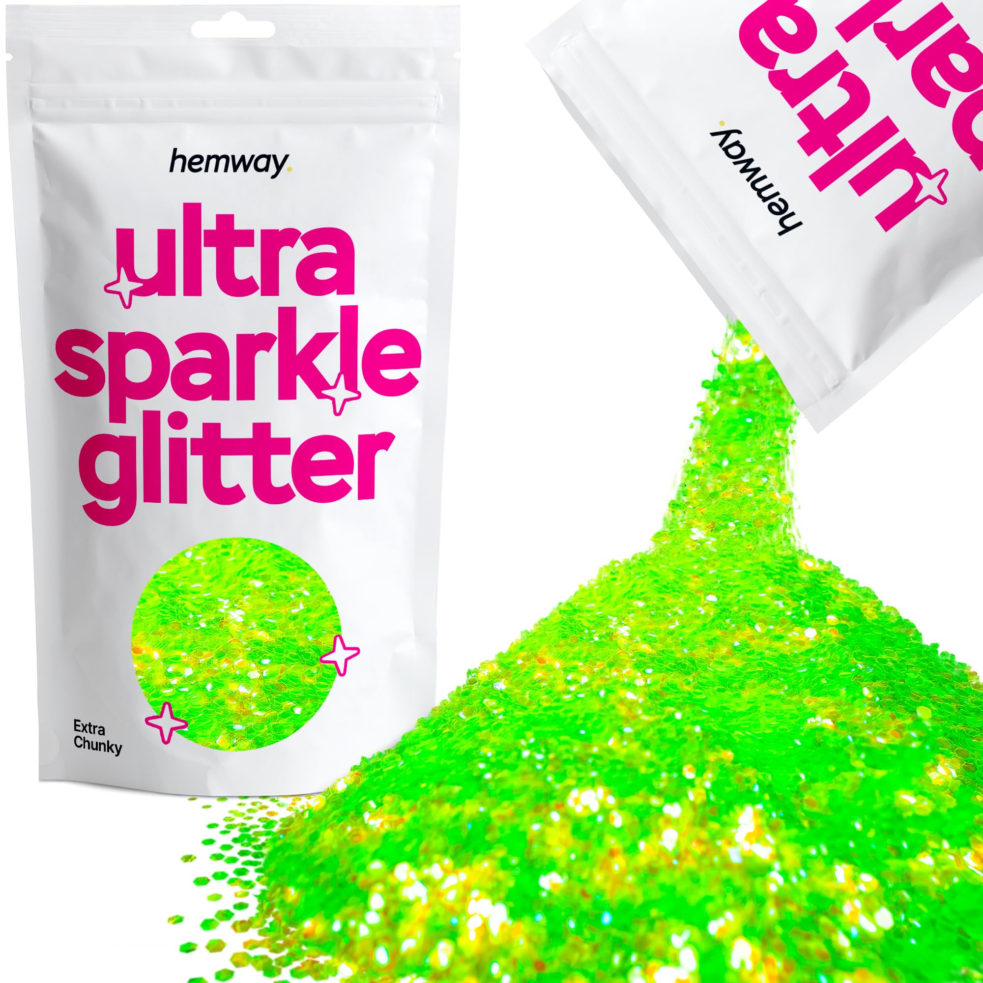 Hemway Ultra Sparkle Glitter Fluorescent Green 100g Extra Chunky | Glitter for Arts & Craft, Makeup, Nail Art, Crafting, Card Making, Sparkle Decoration
