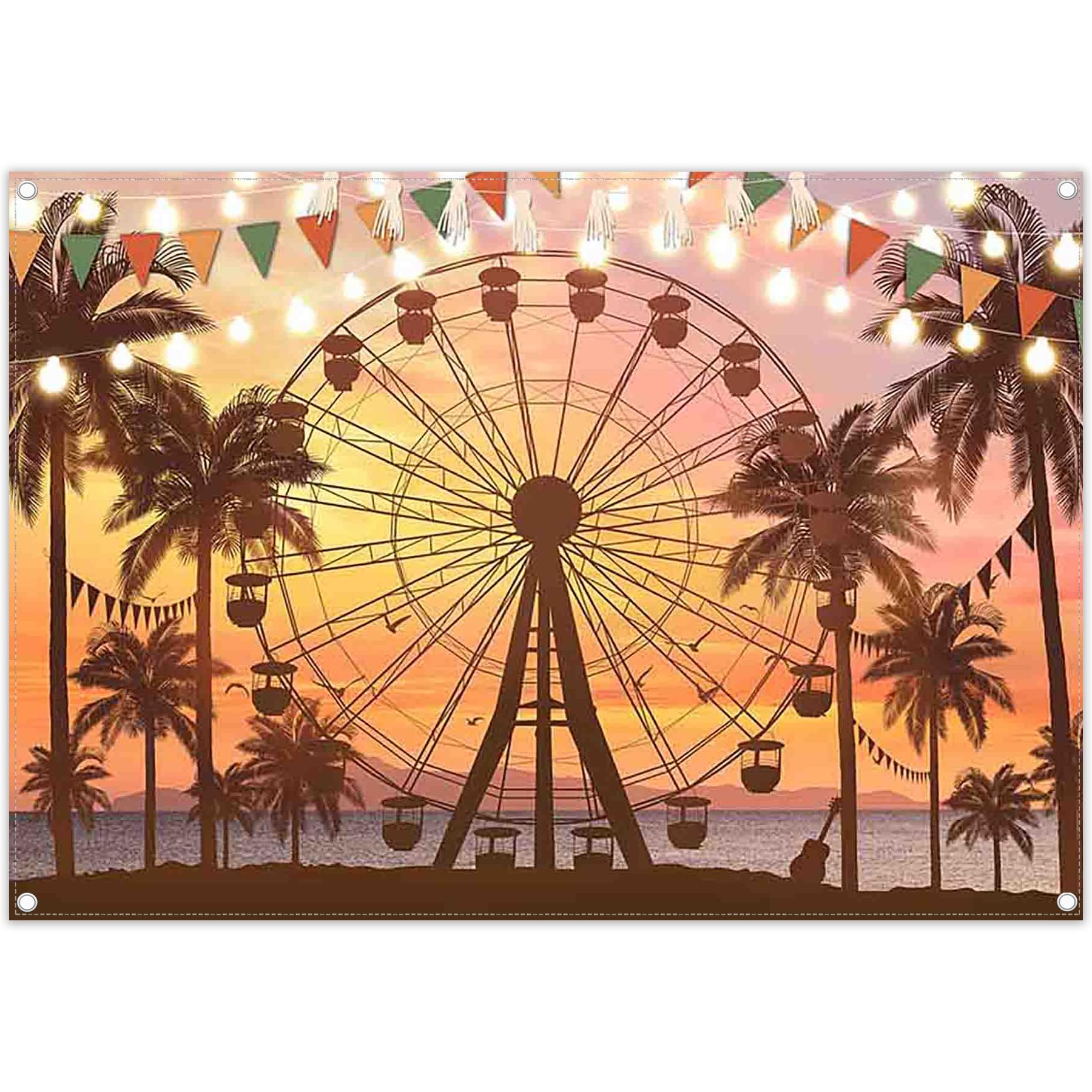 Photo 1 of ZTHMOE Fabric 7x5ft Summer Seaside Ferris Wheel Photography Backdrop Sunset Palm Tree Beach Hawaiian Background Indoor Festival Party Decoration Holiday Photo Banner Booth