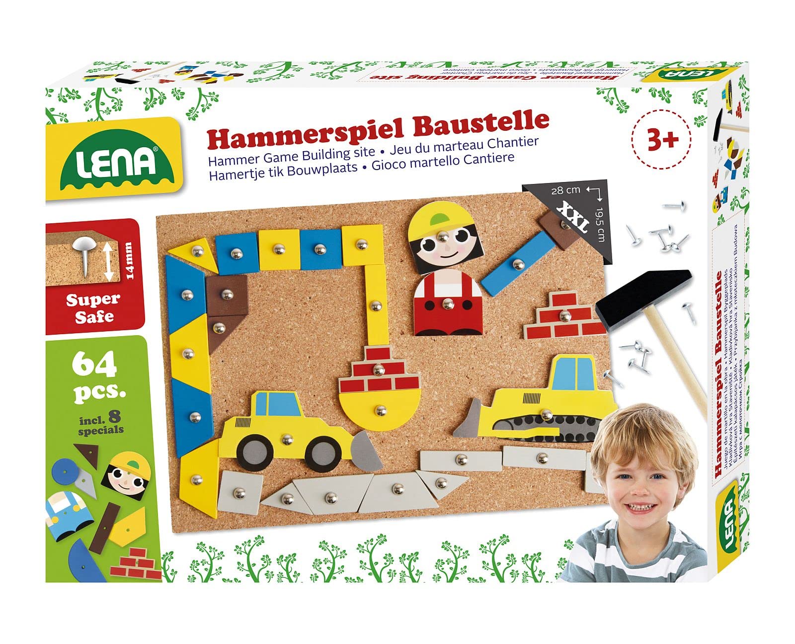 Lena 65828 Hammergame - Nail game with 64 Colourful 8 Construction Site Pieces, Cork Base Plate 28 x 19.5 cm, Hammering Toy for Children from 3 Years
