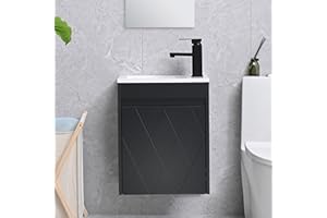USBATHJOY 16" Bathroom Vanity Sink Combo for Small Space, Wall Mounted Bathroom Cabinet Set with White Resin Basin Sink Top Black Faucet Pop Up Drain Black