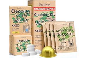 FREELIVITY Nespresso Compatible Vertuo Cleaning & Descaling Kit – 1 Year Supply. Includes 4 Descaling Powder Solution, 12 Cleaning Tablets, 1 Reusable Pod, Eco-Friendly Vertuoline Maintenance Kit