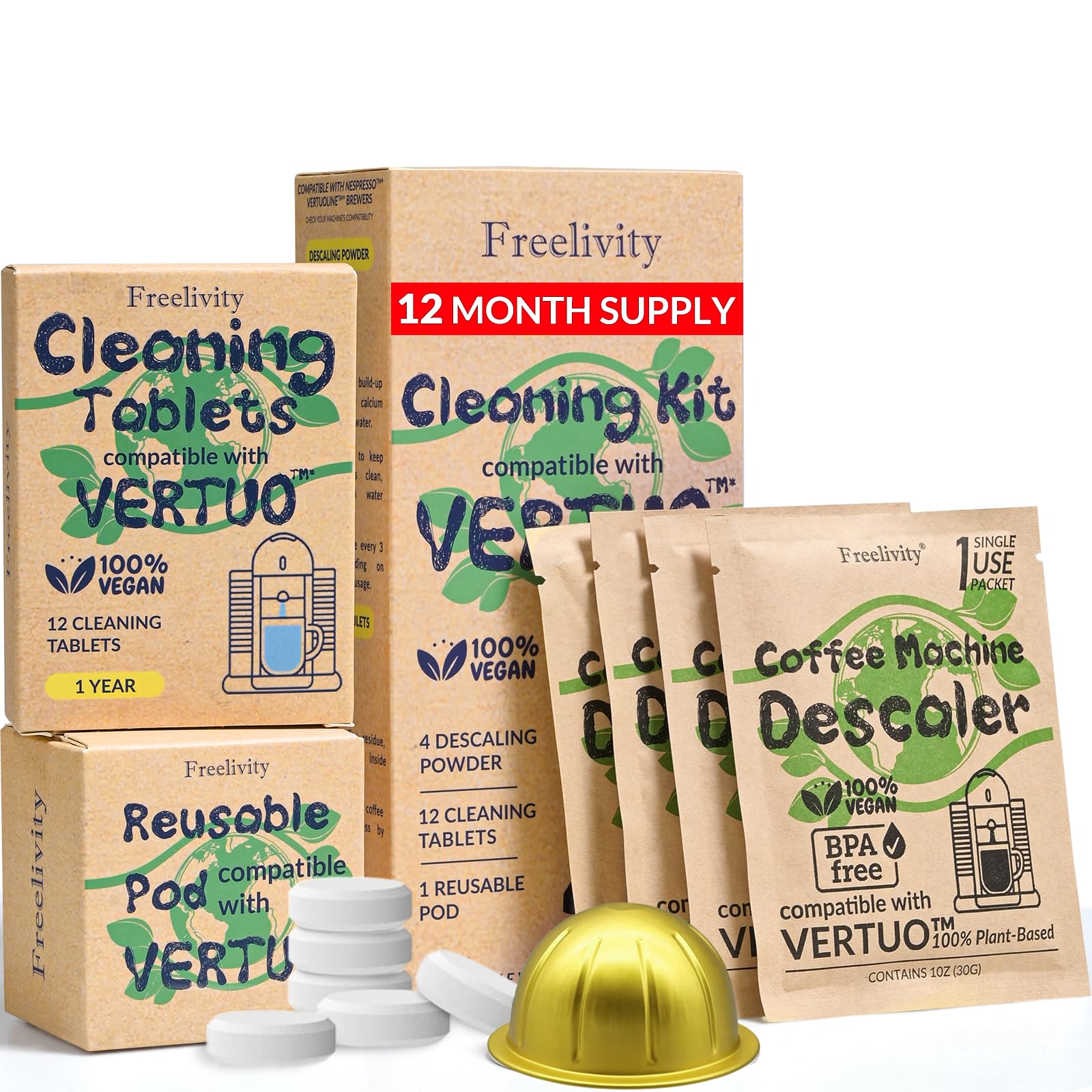 Photo 1 of Nespresso Compatible Vertuo Cleaning & Descaling Kit – 1 Year Supply. Includes 4 Descaling Powder Solution, 12 Cleaning Tablets, 1 Reusable Pod, Eco-Friendly Vertuoline Maintenance Kit