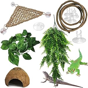 kathson Bearded Dragon Hammock Reptile Plant Hanging Terrarium Boston Plant Jungle Climber Vines Flexible Leaves Lizards Habitat Decor Accessories Coconut Hide for Chameleon Gecko Snakes 5PCS
