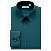 FAHIZO Men's Dress Shirt Regular Fit Soild Business Formal Long Sleeve Button Up Stretch Shirts, Teal, 15.5 Neck 34"-35" Sleeve,M