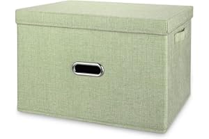 Valease Linen Fabric Collapsible Storage Bins with Removable Lids and Handles, Washable Storage Box Containers Baskets Cube with Cover for Bedroom,Closet,Office,Living Room,Nursery (Green, Medium)