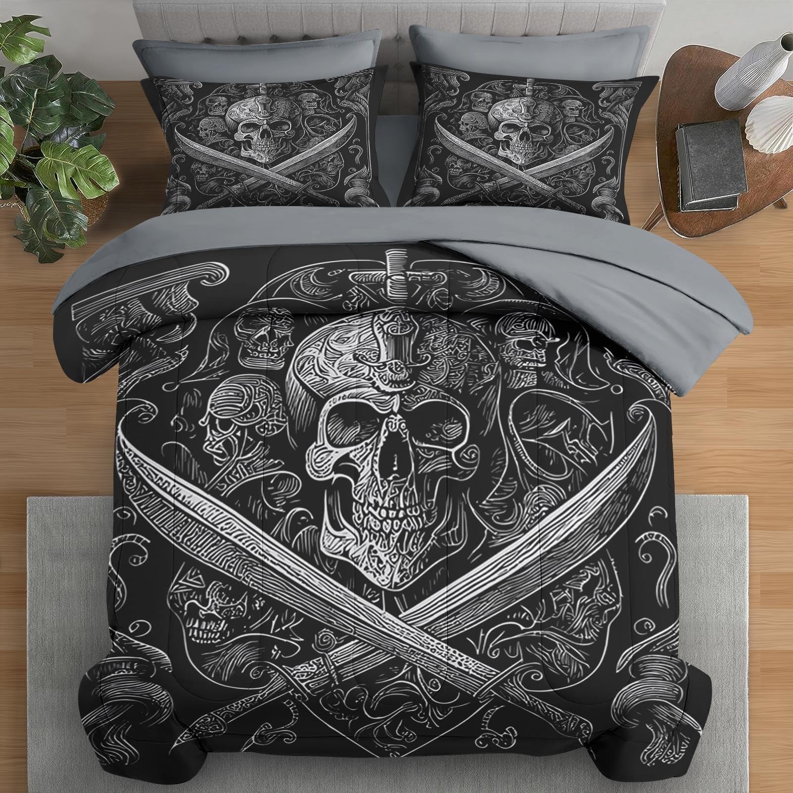 Photo 1 of Pamnest Comforter Set Twin Size, Gothic World 5 Pcs Bedding for Adults, Vintage Retro Skeleton Bed Sheet Sets with Fitted Sheet Pillowcase & Sham for Bedroom Bed Decor