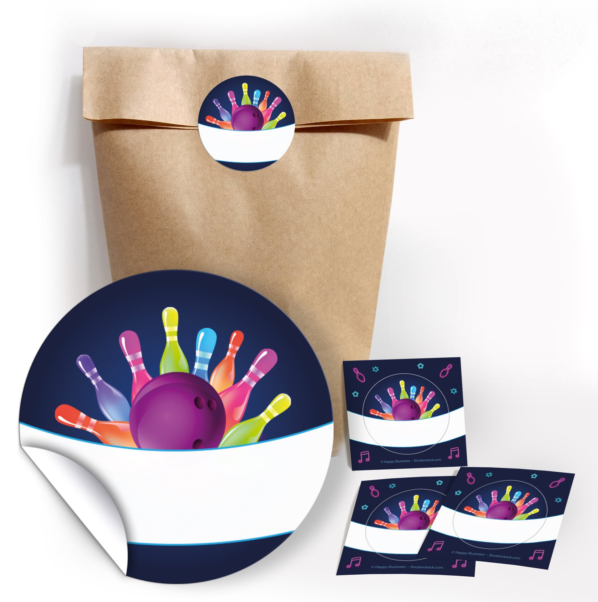 Juna-Experten 12 Natural Gift Bags + 12 Bowling Neon Stickers - Perfect Paper Bags for Party Favours and Party Bags at Children's Birthday, Includes Stickers in Bowling Design