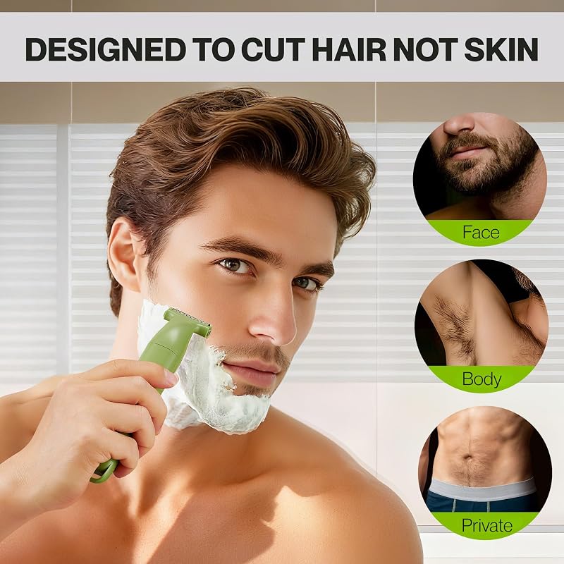 Set per la toelettatura dei dettagli, 3 in 1, per uomo, barba, parrucchiere, body groomer, trimmer naso e orecchie, rasoio senza fili con ricarica USB (Verde)